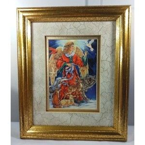 Christmas Angel Animals Picture Art Frame Gold Wall Hanging Wolf Fawn Dove Fox